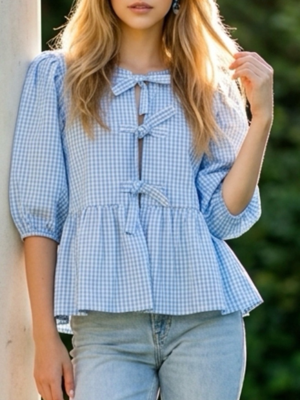 Light Blue Gingham Peplum Top